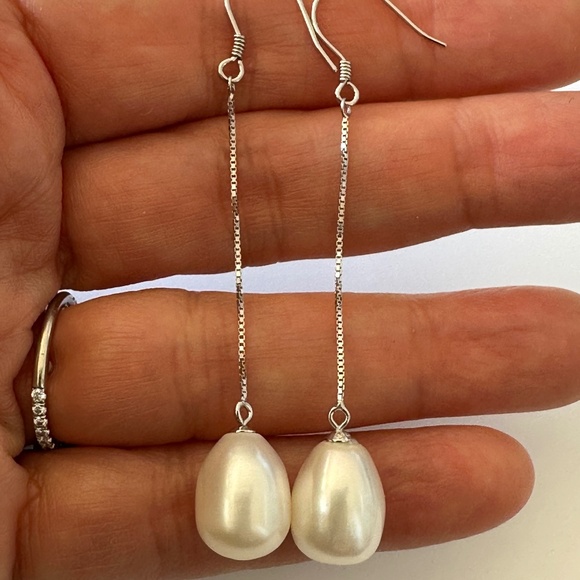 AAA White Cultured Oval Pearl Dangle Earrings - 925 Silver - 2 1/2 Inches - Picture 1 of 7